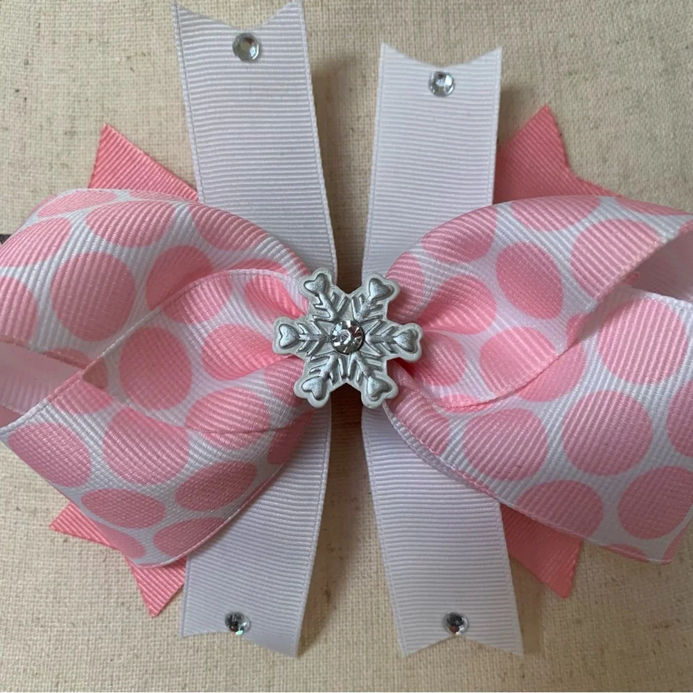 Artisan Hand Crafted Pink Hair Bow Snowflake Winter Theme Print